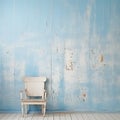 a white chair with a distressed wood texture wall