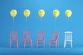 White chair with floating yellow balloons among red chairs on blue background.