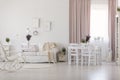 White chairs at dining table in apartment interior with blanket on sofa and pink drapes. Real photo Royalty Free Stock Photo