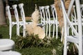 white chairs in the garden for a wedding ceremony. Outdoor event decoration Royalty Free Stock Photo