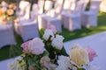 White chairs with pink bows for wedding exit registration. Royalty Free Stock Photo