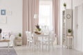 White chairs at table near couch in pink apartment interior with drapes and plants. Real photo Royalty Free Stock Photo