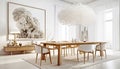 White chairs at wooden dining table and big white wire chandelier in spacious room. Scandinavian style home interior design of