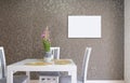 White chairs at wooden table in minimalist white dining room interior with empty poster. download image