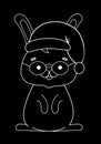 White chalk on a black rabbit with a Christmas cap Royalty Free Stock Photo