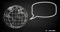 White chalk drawing of the Earth globe and a speech bubble on a black chalkboard with chalk pieces at the bottom Royalty Free Stock Photo