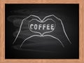 White chalk drawing of hands making a heart shape on school blackboard flat design. Love coffee concept. Royalty Free Stock Photo