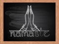 White chalk drawing of praying hands on school blackboard flat design. Namaste mudra.