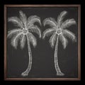 White chalk drawings of palms on blackboard. Tropical, imagination, dream, summer vacations concept