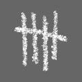 White chalk drawn tally mark isolated on gray background. Four hand drawn sticks crossed out by slash line. Day counting