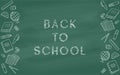White chalk inscription Back to school and vertical borders of outline school supplies on a dark green chalkboard background Royalty Free Stock Photo