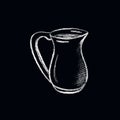 White chalk milk pitcher on black background. Coffee shop or cafe menu handdrawn illustration.