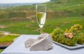 White chalk stones from Cote des Blancs near Epernay, region Champagne, France, glass of blanc de blancs champagne from grand cru