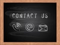 White chalk text contact us on school blackboard flat design.