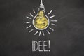 Chalk text `Idee` and lightbulb on chalkboard. Translation: `Idea` Royalty Free Stock Photo