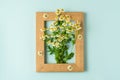 White chamomile flowers bouquet in wooden photo frame on pastel blue background. Wedding background Royalty Free Stock Photo