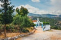 White chapel and mountains, Crete Island, Greece Royalty Free Stock Photo