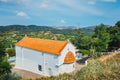 White chapel and mountains, Crete Island, Greece Royalty Free Stock Photo