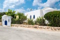 White chapel of Protaras village. Blue roof and windows. Akamas Peninsula, Cyprus. Royalty Free Stock Photo