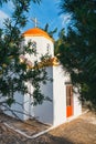 White chapel with red roof in the mountains, Crete Royalty Free Stock Photo