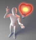 White character, figure, man having an idea depicted by a heart shaped red classical light bulb