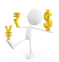 White character with rupee yen and dollar sign Royalty Free Stock Photo
