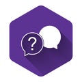 White Chat question icon isolated with long shadow. Help speech bubble symbol. FAQ sign. Question mark sign. Purple Royalty Free Stock Photo