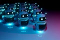 White chatbot robot leading robots group on dark bluish reddish background 3D rendering