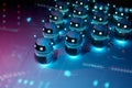 White chatbot robot leading robots group on dark bluish reddish background 3D rendering