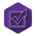 White Check mark in a box line icon isolated with long shadow. Tick symbol. Check list button sign. Purple hexagon Royalty Free Stock Photo