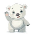 White cheerful baby polar bear. He stands upright on two legs and waves at the viewer and smiles.