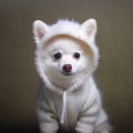 white cheerful pomeranian in street clothes
