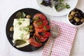 White cheese with tomatoes, green and black olives, basil, coriander and olive oil on a black plate Royalty Free Stock Photo