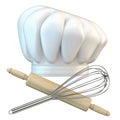 White chef hat with steel whisk and rolling pin 3D