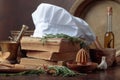 White chef`s hat and old cookbooks.