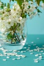 White cherry blossom sakura flowers twigs in glass vase on blue paper background. Copy space. Selective focus Royalty Free Stock Photo