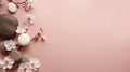 White cherry blossoms on blush background with large space for text or copy, AI generated