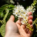 white cherry blossoms in the girl's hand. The bird cherry is in bloom.