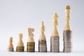 White chess figures standing on coins meaning power and career growth.