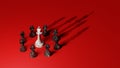 White chess king surrounded by black pawns. Power struggle, coup, class conflict concept. Digital 3D rendering