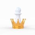 White chess pawn standing inside a giant golden crown on a white background Royalty Free Stock Photo