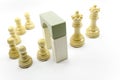 white chess pawns enter the door and exit as queens and kings Royalty Free Stock Photo