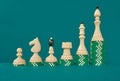 White chess pieces on green felt background, ordered by their increasing value. Royalty Free Stock Photo