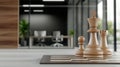 White chess pieces are meticulously positioned on a chessboard in a contemporary office environment, creating a focused Royalty Free Stock Photo