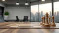 White chess pieces are meticulously positioned on a chessboard in a contemporary office environment, creating a focused Royalty Free Stock Photo