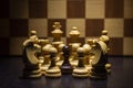 White chess pieces surround a black pawn with a chessboard background Royalty Free Stock Photo