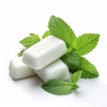 White chewing gum pieces with fresh mint leaves, isolated on white background Royalty Free Stock Photo