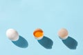 White chicken egg on a blue background with a bright shadow. The second egg is broken and empty shell. Poultry products