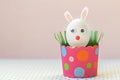 White chicken egg with bunny ears and a muzzle in an environmentally friendly pink paper tray, box. Happy Easter holiday concept