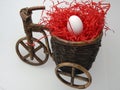 White Chicken Egg Lie In A Basket Stylized Under A Vintage Bike